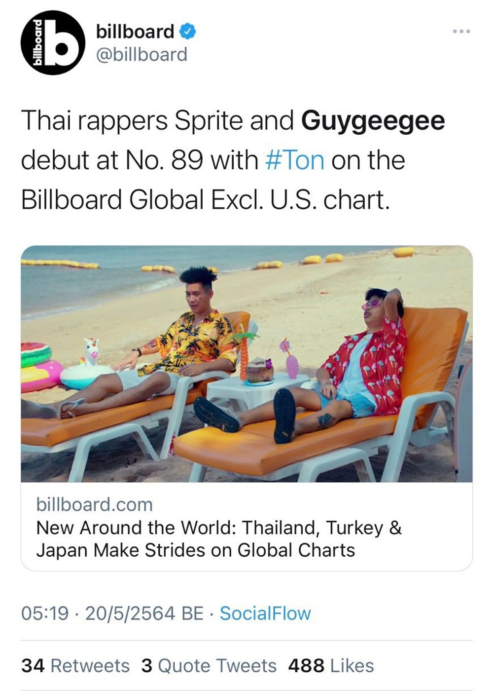 สดปง ทน SPRITE x GUYGEEGEE เพลงไทยเพลงแรกตดชารต Billboard Global