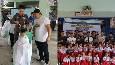 โหน่ง ชะชะช่า ร่วม ตร.คนดัง นครนายก เติมความรู้เด็กอนุบาล บริการตัดผมฟรี