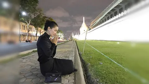ภาพสุดซึ้ง แอน ทองประสม นั่งกับพื้นพนมมือไหว้ในหลวงร.9 ข้างรั้ววัง