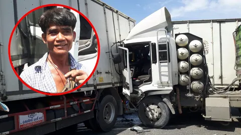 18ล้อลงสะพานลมเบรกหมด ชนแหลกคนขับแค่คิ้วแตก เชื่อหลวงพ่อทวดช่วยคุ้ม 