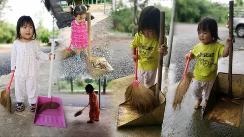 ไม่ถึง 2 ขวบลีลาชนะเลิศ! เซเลบบ้านนา 'คุณหนูน้ำขิง' กวาดใบไม้รัวๆ (คลิป)