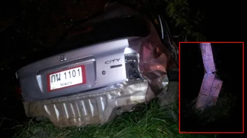 หนุ่มกาฬสินธุ์ ควบเก๋งหลุดโค้ง ชนเสาไฟฟ้าหัก รถขาดสองท่อน