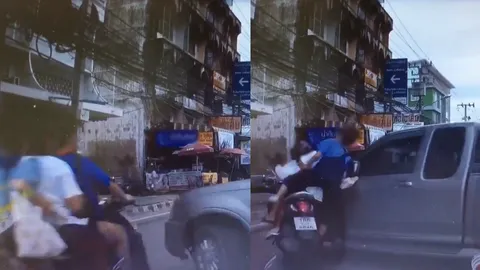 จราจรสั่งหยุดให้อีกฝั่งกลับรถ จยย.ซ้อนสามไม่เบรก ชนกระบะอย่างจัง