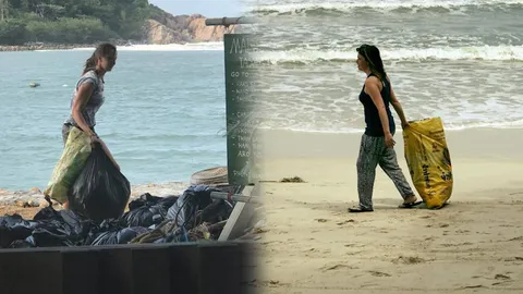 ทำดีต้องชื่นชม ชาวต่างชาติสำนึกดี เดินเก็บขยะริมหาดเกาะพะงัน