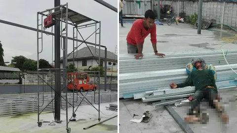 ช่างเชื่อมอ๊อกเหล็กทำโกดัง สะเก็ดไฟตกใส่ถังสี-ลามกางเกงหวิดถูกคลอกดับ