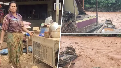 เห็นบ้านแทบร้อง! อ่างแตก น้ำทะลักซัดหมู่บ้านที่นบพิตำ วิ่งหนีตายขึ้นเขา (คลิป)