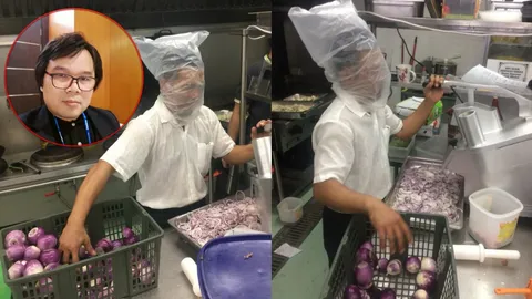 ทั้งฮาทั้งสงสาร! พนักงานครัวใช้ถุงพลาสติกครอบศีรษะหั่นหัวหอม อ.อ๊อด แนะวิธี