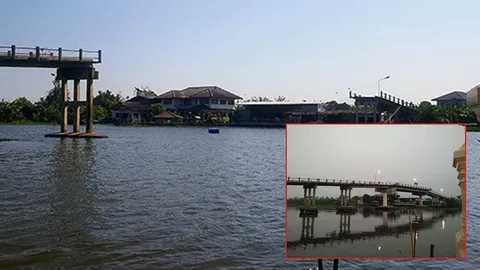 สะพานข้ามแม่น้ำนครชัยศรี พังถล่ม เรือลากจูงซัดโครมเสาตอม่อกระจุย (คลิป)