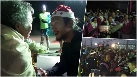 ‘ตูน’ สวมหมวกซานต้าวิ่งพะเยาวัน 2 โต้หนาว 9 องศา ก้มหัวรับพรแม่เฒ่า (คลิป)