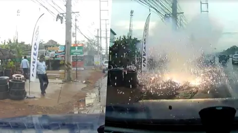 แค่เสี้ยววิก็ตายได้! หนุ่มไหวตัวทัน โดดหลบประกายไฟจากสายไฟฟ้า (คลิป)