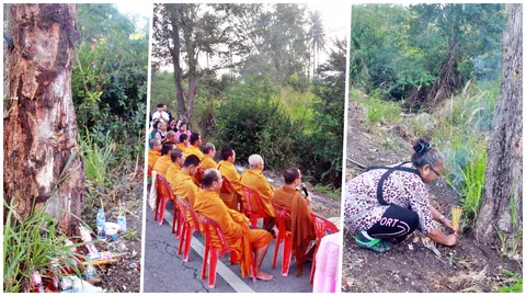 ถอนอาถรรพณ์เนินร้อยศพ! ทำบุญอุทิศวิญญาณสัมภเวสี รถชนมีคนตายตลอดปี  