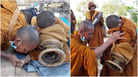 ฮึดสู้! หลวงพ่อ เป่าเท้าปลอบเณรน้อยร้องไห้ เจ็บจากเดินธุดงค์ (คลิป)