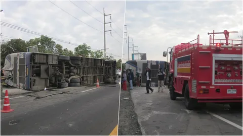 ทัวร์คว่ำเจ็บระนาว  ผู้โดยสารบอกหลับไม่ลง รถเซหลายหน ก่อนตกถนน