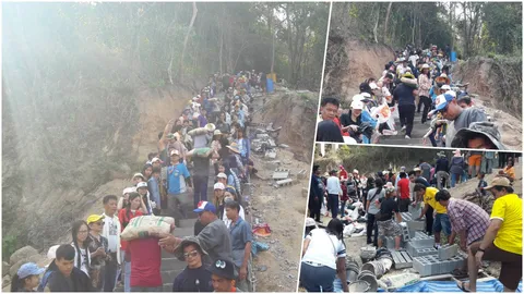 ปลื้มใจคนไทยไม่ทิ้งศาสนา...สาธุชนนับพันแห่ช่วยขนปูนทรายแน่นวัดเขาตะแบก (คลิป)