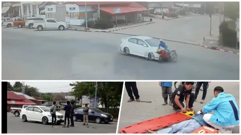 วินาที!! เก๋งชนมอเตอร์ไซค์ร่างกระเด็น กลางสี่แยกวัดใจ หน้ารพ.อุบลรัตน์ (คลิป)