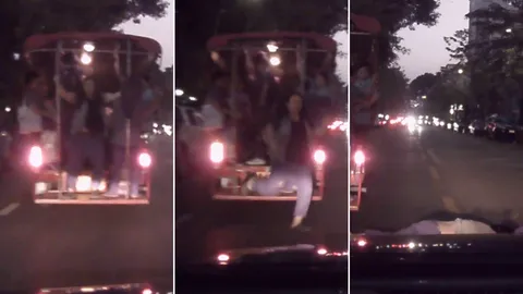 คนบนสองแถวก็งง! เปิดคลิปสาวทำทีโดดให้รถชนแกล้งสลบ บอกมีกล้องยังขอเงิน