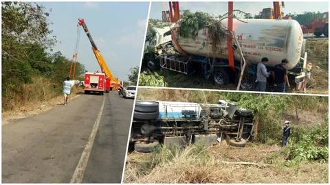 หวิดตายหมู่! รถแก๊ส10ตันพุ่งลงข้างทาง ขณะมีงานอยู่ใกล้ๆ โชคดีไม่ระเบิด