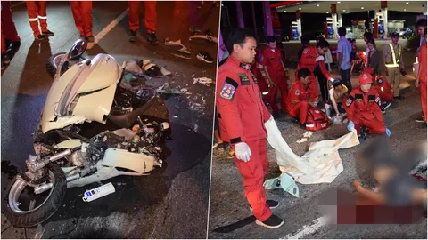 เด็กแว้นแข่งซิ่ง เฉี่ยว จยย.นักดนตรีล้ม โดนรถพ่วง 18 ล้อ ทับดับ สลด