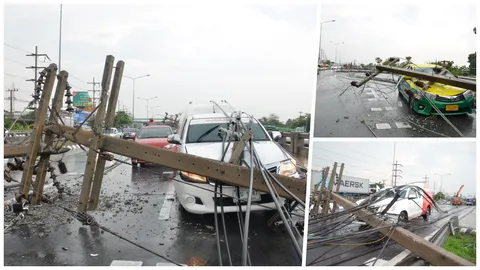 พายุฤดูร้อนถล่มปทุมธานี เสาไฟล้ม11ต้น ทับรถ5คัน บาดเจ็บ4คน