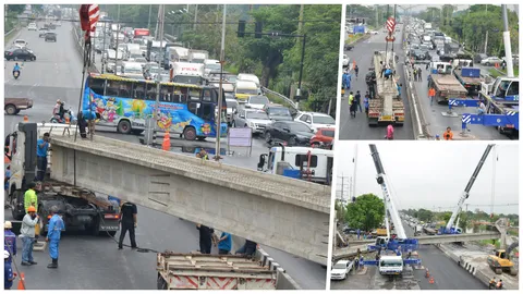 เคลียร์แล้ว ถ.รังสิต-นครนายก คานปูนหล่นขวาง ทำรถติดกว่า 10 ชม. 