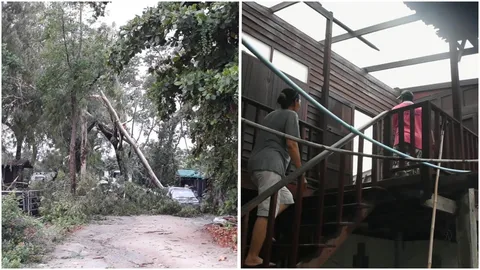 ฤทธิ์ พายุหมุน ลูกเห็บกระหน่ำ ทำเสาไฟหัก ต้นไม้โค่น เสียหายหลายครัวเรือน 