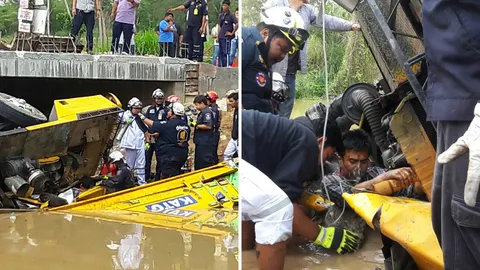 รถเครนเบรกแตก ชนกระบะ พลิกตกสะพาน ทับคนขับไส้ไหล