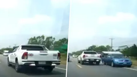 จะรีบไปไหน! กระบะขับกินไปทั้งเลน รถสวนทางยังต้องหลบให้ ชาวเน็ตสวดยับ (คลิป)