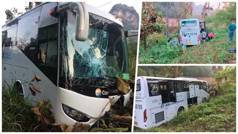 บิ๊กไบค์ปาดหน้ารถทัวร์ ตกข้างทางระหว่างไปสนามบิน นทท.เจ็บ 3