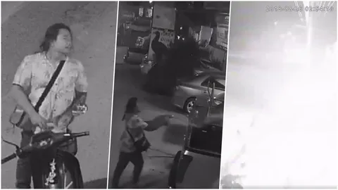 เขาเป็นใคร! เปิดวงจรปิดตามล่า 'ไอ้หนุ่มผมยาว' สาดน้ำมันเผารถพังพินาศ (คลิป)