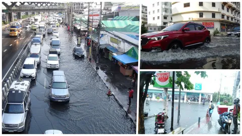ฝนตกเย็นวันศุกร์ น้ำท่วมหน้าเซียร์รังสิต รถติดหนึบ แนะเลี่ยง