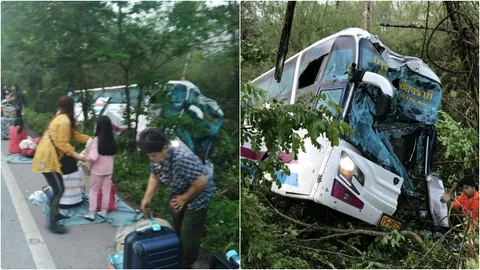 โชเฟอร์ทัวร์หลับใน! แฉลบชนต้นไม้ พนักงานต้อนรับสาวตายคาที่-เจ็บ 10 ราย