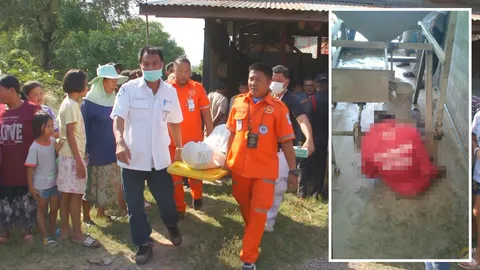 สยอง! เจ้าของโรงสีซ่อมเครื่องสีข้าว เจอเพลาดึงเสื้อรัดคอดับคาที่