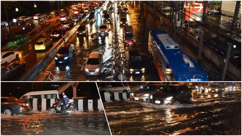 ฝนกระหน่ำหนัก ถนนแจ้งวัฒนะอ่วม น้ำท่วมกลายเป็นทะเล รถติดหนึบ