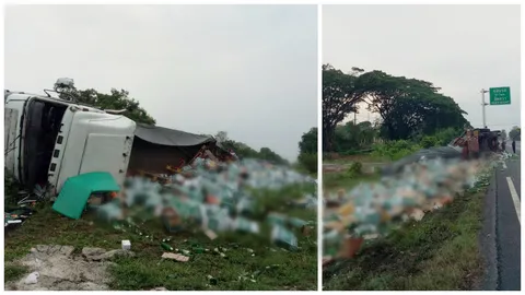 คว่ำกระจายตายทั้งโขลง รถบรรทุกเบียร์ชนป้ายข้างทาง เทกระจาด  