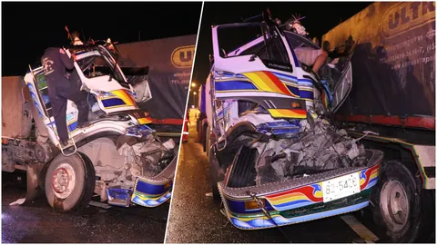 ง่วงจัดจนวูบ พ่วงชนท้ายพ่วงจุดจอดมอเตอร์เวย์ ร่างติดคาซากรถ