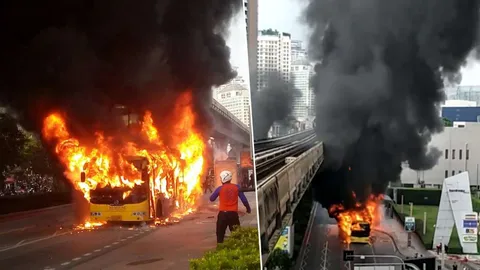 นาทีสุดระทึก! เปิดคลิปเพลิงโหมผลาญรถเมล์ ปอ.40 วอดทั้งคัน ควันดำโขมง