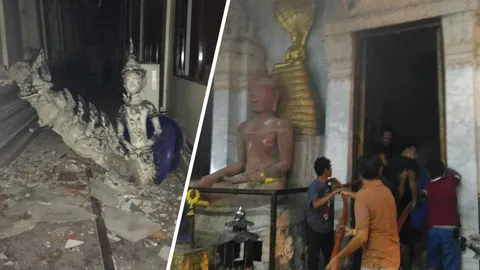 ปูนปั้นเทวดาหางหงส์ ตกลงพื้น บอกเหตุไฟไหม้อุโบสถ วัดมหาธาตุฯ เมืองเพชร  (คลิป)