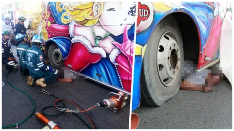  บัสล้อหลุด แม่แรงทรุด! โชเฟอร์มุดออกไม่ทัน ถูกทับดับสลด  
