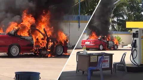 วอดทั้งคัน! เก๋งบีเอ็มติดแก๊สไฟลุกท่วมกลางปั๊มน้ำมัน เมืองลำปาง