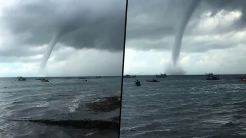 สวยงามแต่น่ากลัว! เปิดคลิปนาทีพายุงวงช้าง ม้วนตัวลงทะเลบริเวณเกาะล้าน