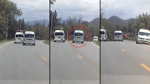 ทำแบบนี้ได้ไง! รถตู้แซงทางโค้ง รถสวนทางเบี่ยงหลบเสียหลักชนรถตามหลัง (คลิป)