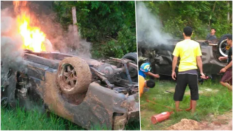 กระบะคว่ำ ไฟลุกพึ่บ หนุ่มตะโกนร้องให้คนช่วย รอดตายฉิวเฉียด