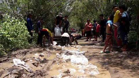 ชาวบ้านอุ้มผาง ช่วยกันนำหินกรวดถมถนน หลังพังเละเป็นบ่อโคลน 