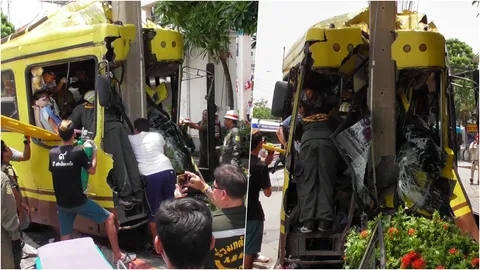 ระทึก คนขับรถเมล์วูบ เสียหลักพุ่งชนเสาไฟแรงสูง ติดคารถ เจ็บหนัก