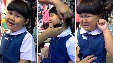 ไม่กลั๊ววว! หนูน้อยอยากเจาะหู จากที่ยิ้มๆ แค่ข้างแรกถึงกับร้องลั่นร้าน