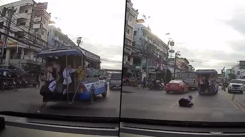 อุทาหรณ์! สองแถวเปลี่ยนเลน ทำนักเรียนหญิงพลัดตกกลางถนนบาดเจ็บ (คลิป)