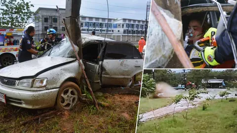 วินาทีพุ่งชน ผัวเมียเขมรซื้อรถขับกลับบ้าน ฟาดเสาไฟสาหัส (คลิป)  