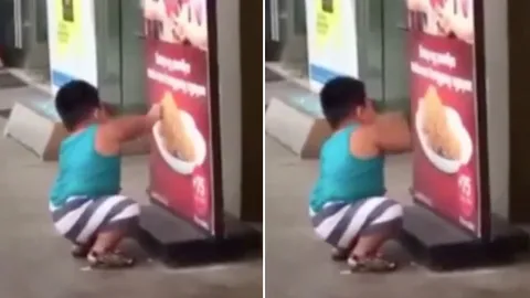 ได้กินสมใจ! หนูน้อยหยิบไก่ทอดบนป้ายเข้าปาก ร้านเห็นจัดให้ชุดใหญ่