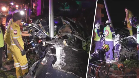 สยอง! 3หนุ่มเซนทรัลฯ ซิ่งเก๋งพุ่งชนต้นไม้-เสาไฟฟ้า ดับคารถ 2 เจ็บ 1