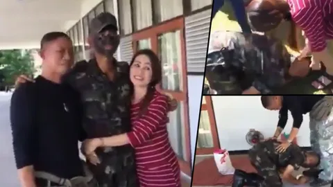 3 เดือนที่รอคอย...พลทหารก้มกราบเท้าพ่อแม่วันเยี่ยมญาติ กอดกันทั้งน้ำตา (คลิป)